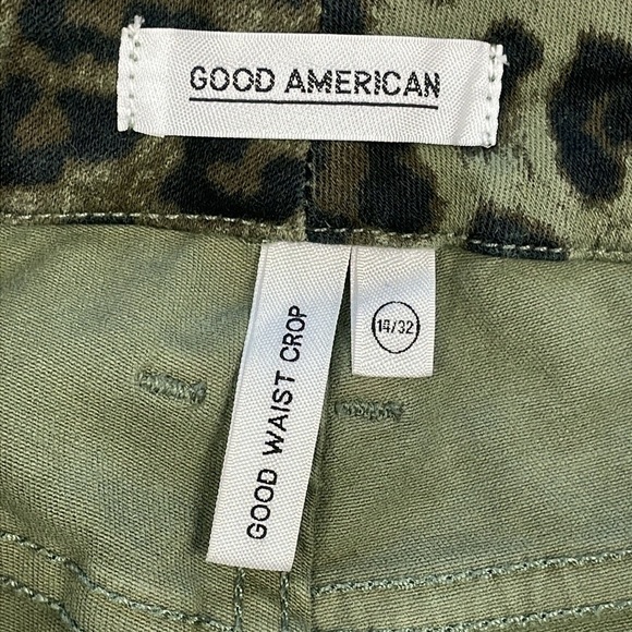 NWT Good American Good Waist Crop Jeans Green Olive Leopard Animal Sz 14 32 - Picture 7 of 13